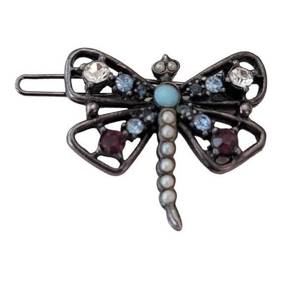 Yosca Faux Pearl Red Blue Rhinestone Butterfly Barrette, Signed E667
