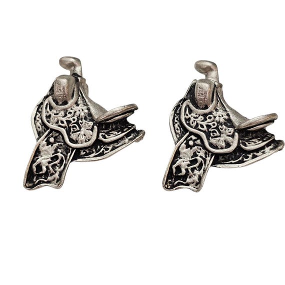 Nancy Katz Silver Tone Equestrian Horse Saddle Design Shoe Clips, Signed