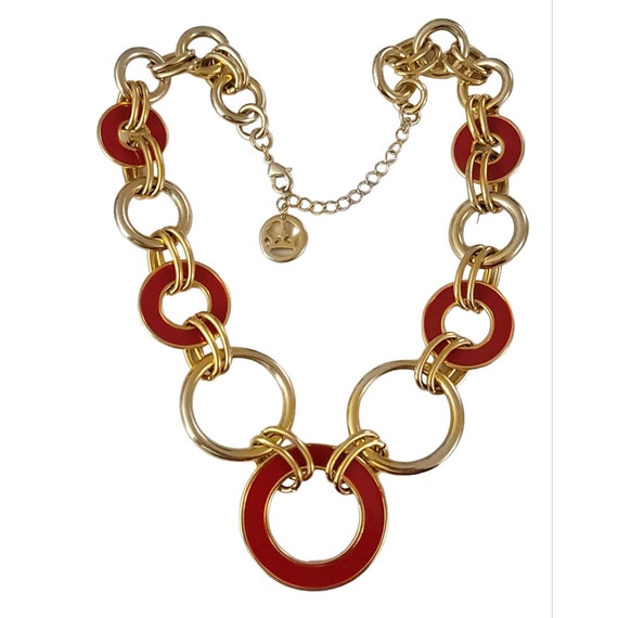 Trifari Gold Tone Red Enamel Open Round Chain Rings Link Necklace 18" Long, Signed K532