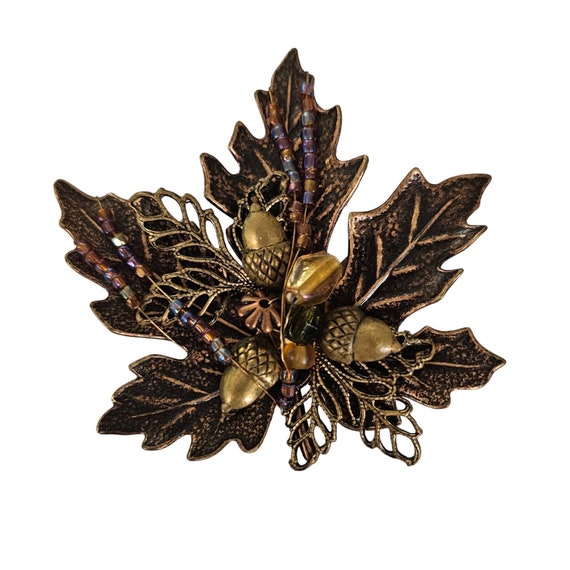 Fall Leaf Acorn Wrap Wired Glass Bead Brooch Pin L133