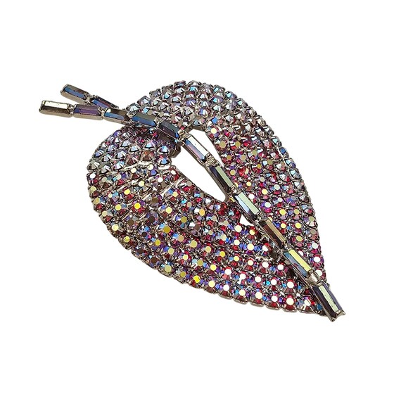 Red AB Rhinestone Wavy Leaf Brooch Stem Open Pin C694