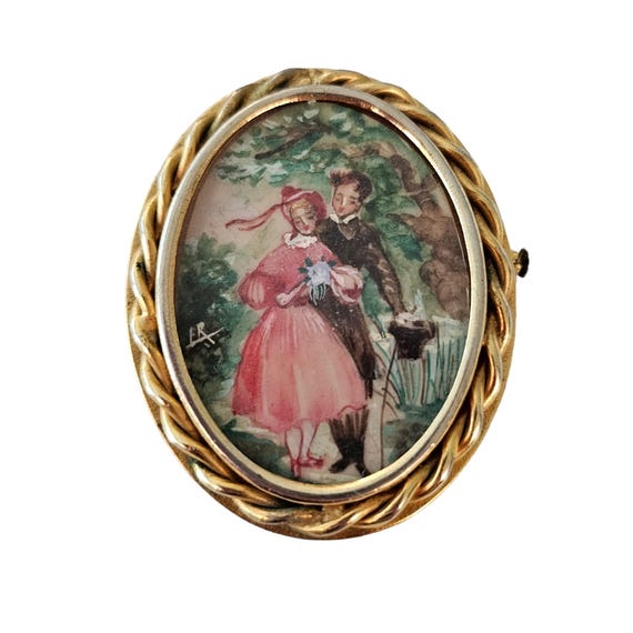 Gold Tone Vintage Romantic Couple Painting Cameo Brooch L56