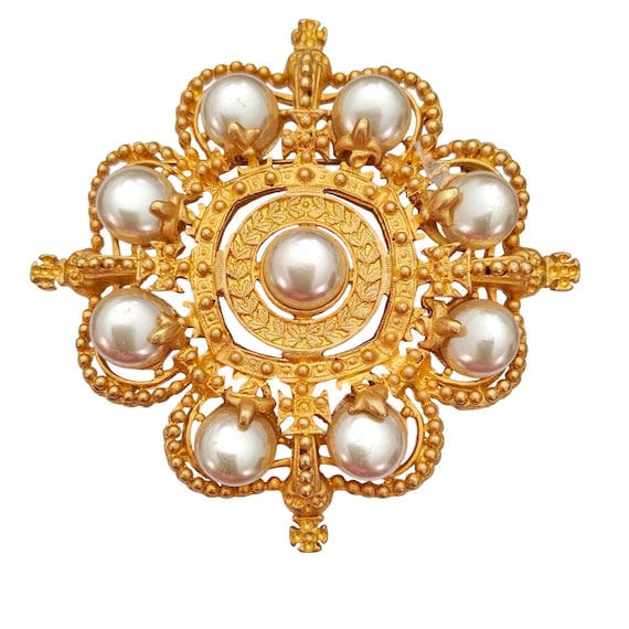 Matte Gold Tone Maltese Cross Brooch Faux Pearl Pin Designer Style C618