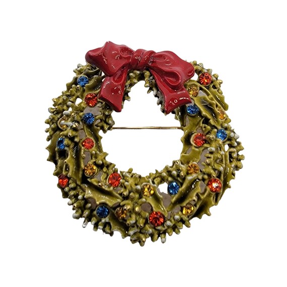 ART Vintage 1960s Red Green Enamel Multicolor Rhinestone Wreath Brooch, Signed