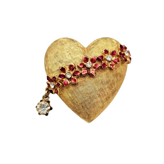 MYLU Gold Tone Heart Brooch Rhinestone Red Enamel Flower Dangle Pin Signed, C833