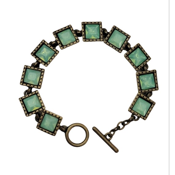 Bronze Tone Square Faceted Green Glass Rhinestone Chain Bracelet 7.5” Long, K206