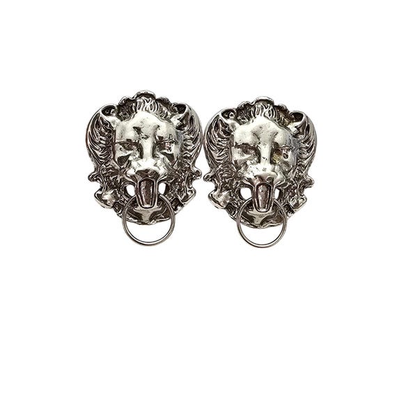 Gio Lion's Head Knocker Style Clip On Silver Tone Earrings Signed, J526