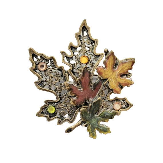 Kenneth Cole Enamel Rhinestone Fall Autumn Maple Leaf Pin Brooch, Signed