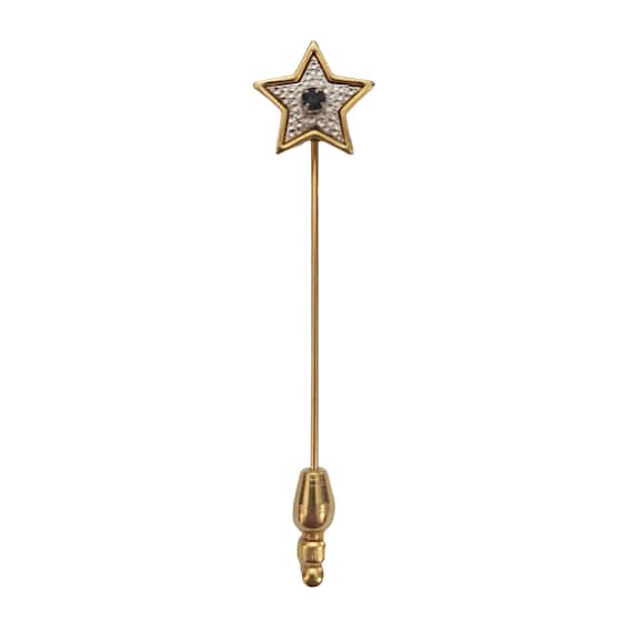 Avon Starshine Gold Tone Blue Rhinestone Five Point Star Stick Lapel Pin, Signed K910