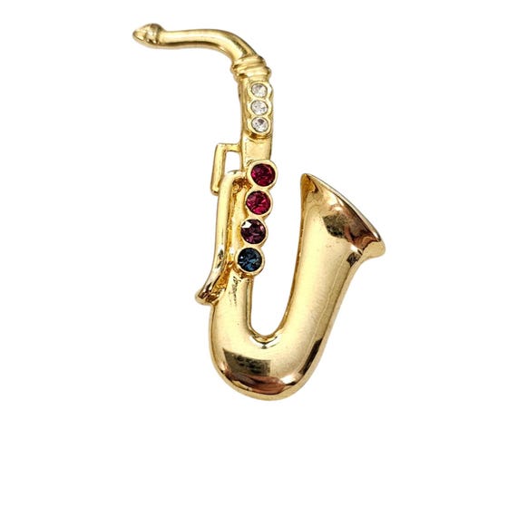 Gold Tone Multicolor Clear Rhinestone Saxophone Brooch Pin, L811