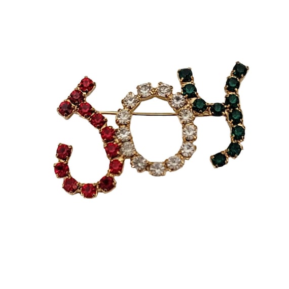 Gold Tone Red Green Clear Prong Rhinestone JOY Brooch Pin K827