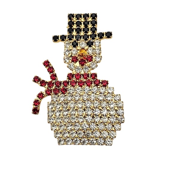 Snowman Brooch Clear Red Black Rhinestone Pin, Vintage