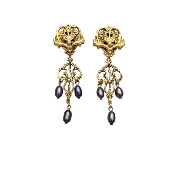 Gold Tone Fleur De Lis Clip On Earrings, Peacock Pearls Dangle Earrings C726