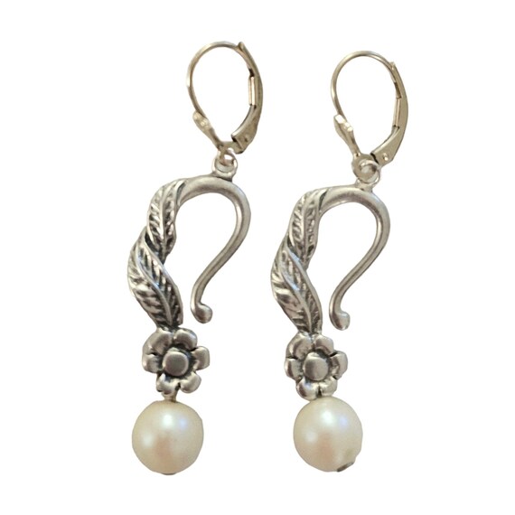 Sterling Silver Leaf Scroll Flower White Bead Dangle Lever Back Earrings, L90