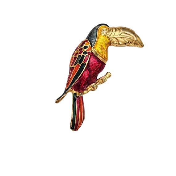 Don Lin Gold Tone Multicolor Enamel Toucan Bird Brooch Signed