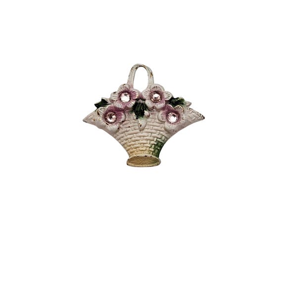 White Enamel Mini Basket Brooch Pink Rhinestone C Clasp Pin J651