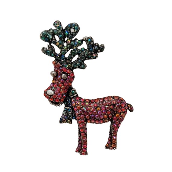 Silver Tone Pink Green AB Rhinestone Reindeer Brooch Pin K819