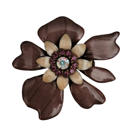 Liz Palacios Enamel Rhinestone Flower Brooch Pin, Signed