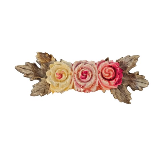 Pink Yellow Vintage Celluloid Style Rose Leaf Bar Pin L121
