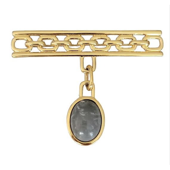 Monet Vintage Gold Tone Chain Bar Pin Marble Lucite Dangle Brooch, Signed K502