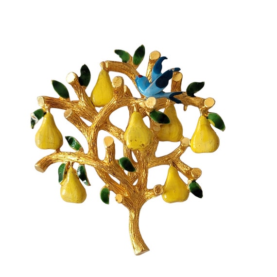 Cadoro Gold Tone Enamel Partridge In A Pear Tree Brooch, Signed E299