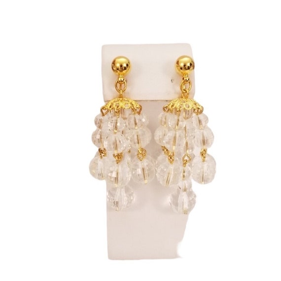 Avon Gold Tone Faceted Lucite Bead Chandelier Dangle Clip-On Earrings Signed L57