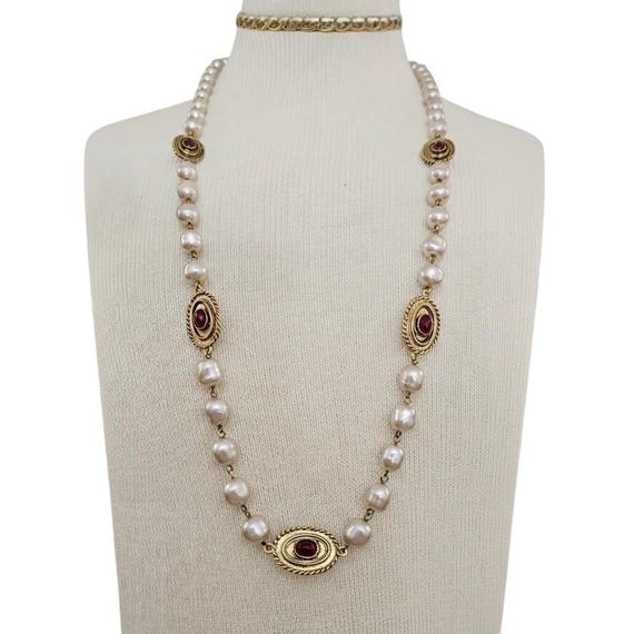 Vintage Glass Faux Pearl Chain, Gold Tone Red Cab Oval Stations Necklace C889