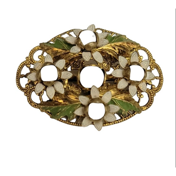 Czechoslovakia Gold Tone White, Green Enamel Glass Bead Filigree Brooch, Signed M513