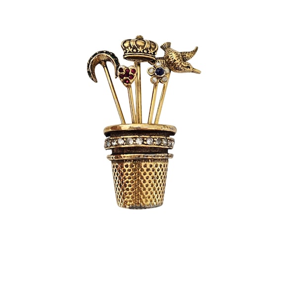 Jeanne Thimble Brooch Vintage Moon Crown Bird Rhinestone Pin Signed, J435