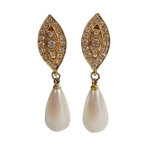 Gold Tone Clear Rhinestone Faux Pearl Dangle Clip On Earrings K915
