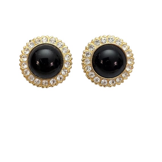 Black Round Lucite Clear Glass Rhinestone Clip On Earrings J676
