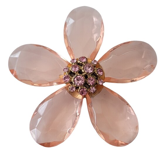 Chunky Pink Plastic, Glass Rhinestone Statement Flower Brooch Pin E632