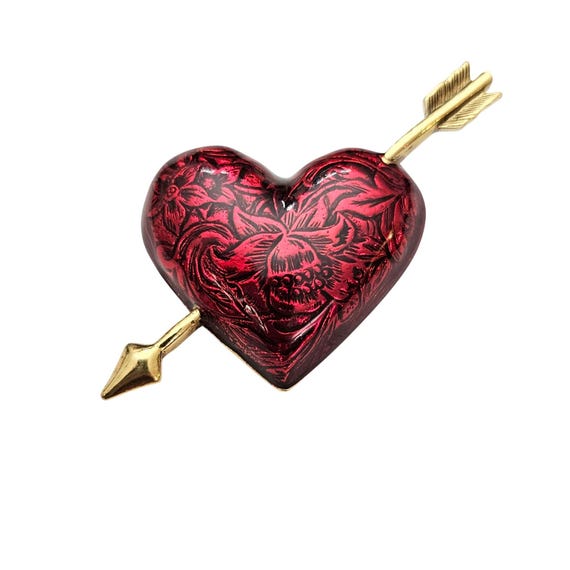 Avon Red Guilloche Enamel Heart Brooch Cupids Arrow Pin Signed, C832