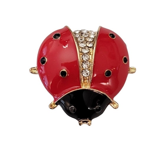 Talbot Red Black Enamel Clear Rhinestone Ladybug Pin Brooch E195