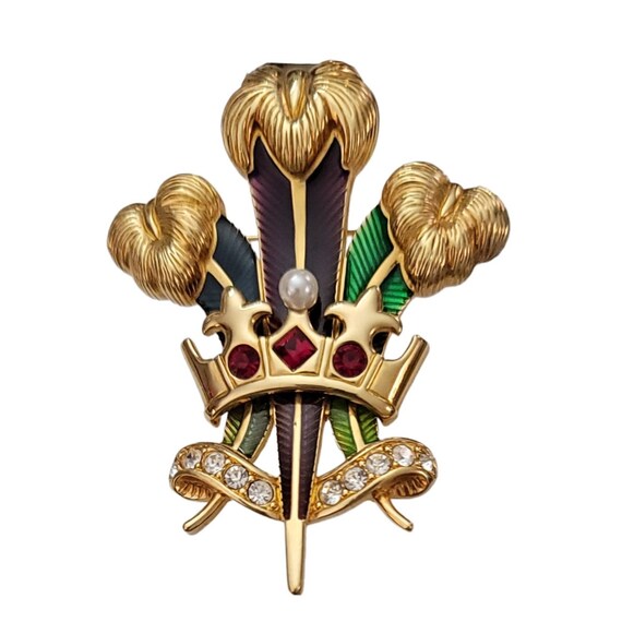 Swarovski Prince of Wales Gold Plated Feather, Fleur-De-Lis Red Crystal Brooch Pin K795