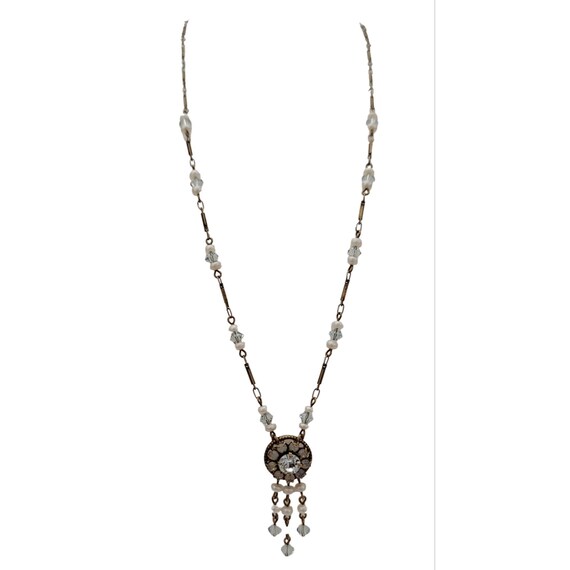 Liz Palacios Bronze Tone Blue Crystal Opalesque Rhinestone Genuine Pearl Pendant Necklace K240
