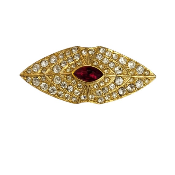 Sphinx Gold Tone Clear, Red Rhinestone Bar Brooch Pin, Signed M229