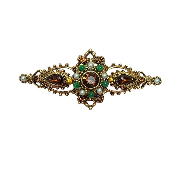ART Arthur Pepper Gold-Tone Green And White Ballotini Beads Yellow Orange Rhinestone Brooch N81