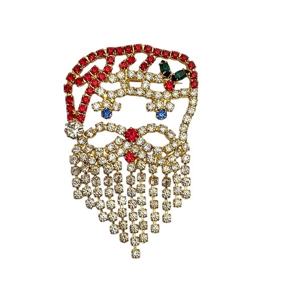 Red Clear Rhinestone Santa Brooch Dangle Beard Pin
