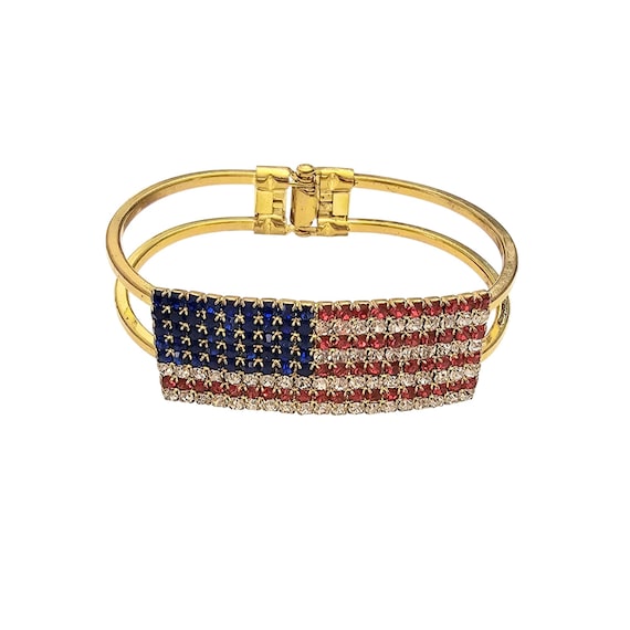 Patriotic US Flag Hinged Bangle Gold Tone Bracelet