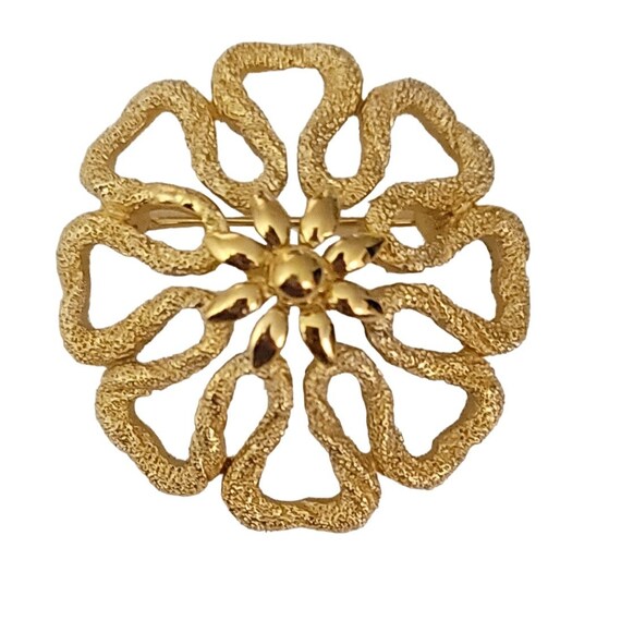 Trifari Crown Over T Gold Tone Open Textured Modernist Flower Brooch, Signed