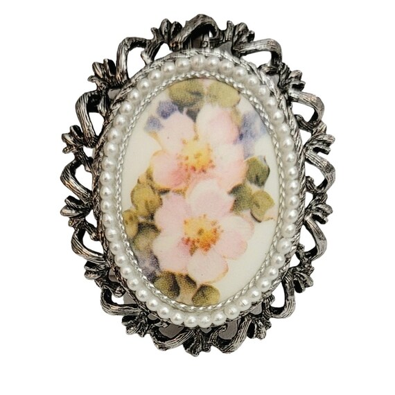 Silver Tone Faux Pearl Pink Rose Egg Shell Transfer Cameo Style Brooch, Pendant, M276