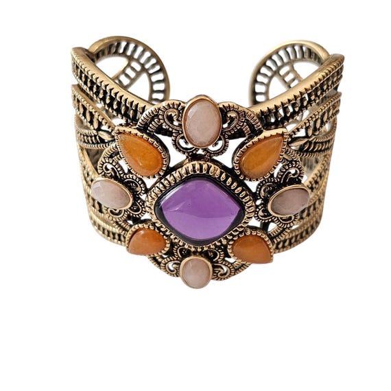 Barse Gold Tone Cuff Bracelet Purple Lucite Center, Signed