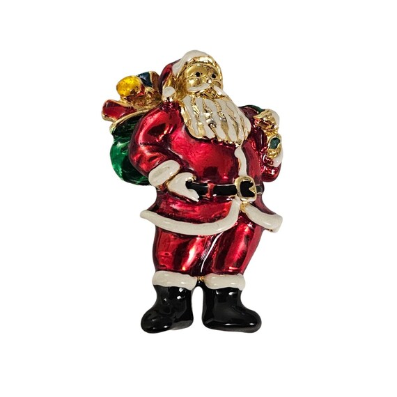 Vintage Red Black Enamel Santa Carrying Gift Brooch Pin,  L144