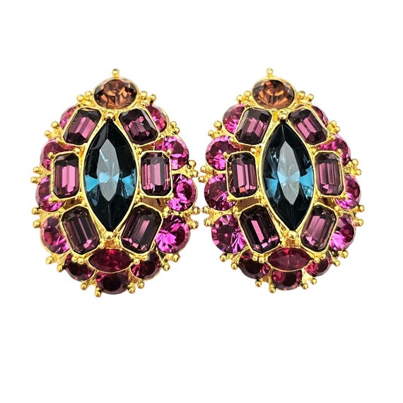 Joan Rivers Pink Purple Blue Rhinestone Clip On Egg, Pear Shape Earrings J678