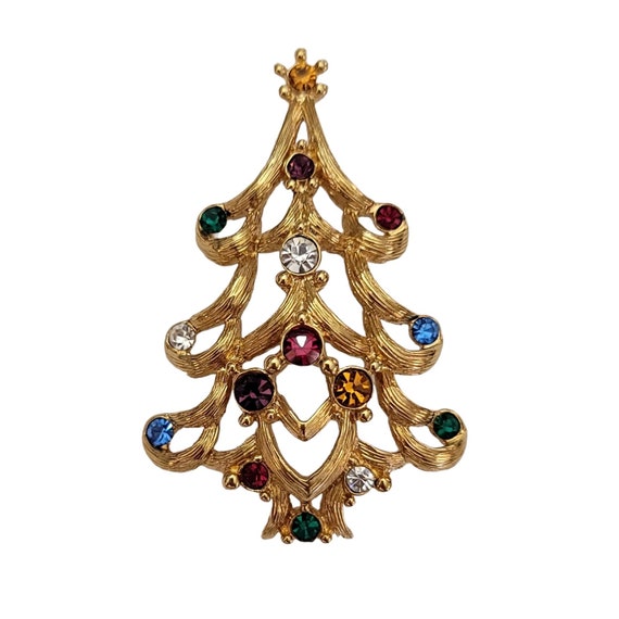 Monet Vintage Gold Tone Multi Color Rhinestone Christmas Tree Brooch, Signed K856