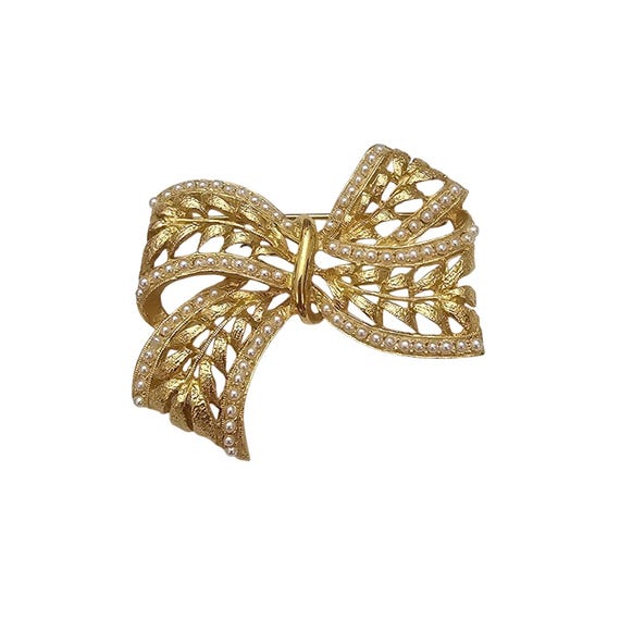 Gold Tone Laurel Leaf Bow Brooch, Faux Seed Pearl Pin, Designer Style C847