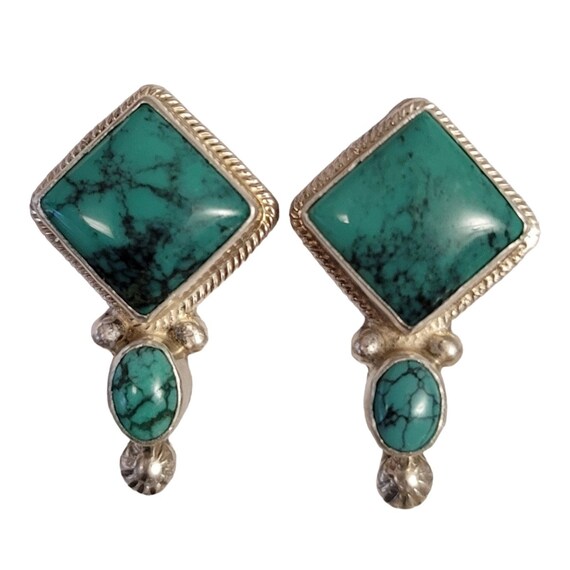 Victor Sterling, Turquoise Square Oval Clip-On Earrings, Signed E1