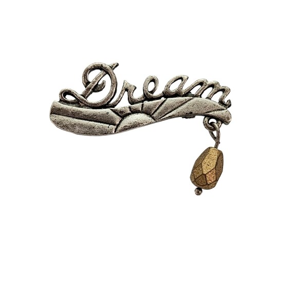 Chico’s Silver Tone  Cursive Letter Sign DREAM W/ Dangle Charm Pin, Signed L318