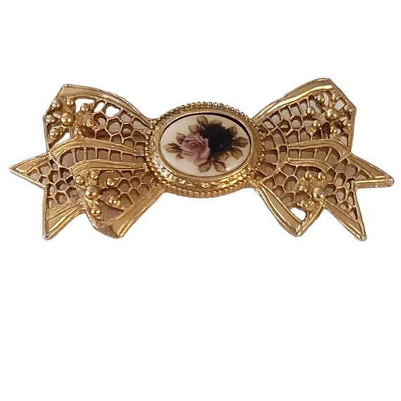 1928 Brand Gold Tone Roses Bow Pin Brooch K669